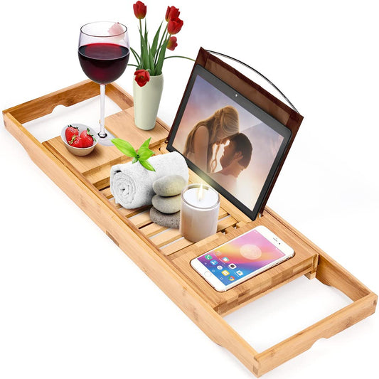 Homemaid Living Bamboo Bathtub Tray - Expandable Bathroom Bathtub Table Tray with Reading Rack or Tablet Holder - Bath Tray with Wine Glass Holder, Bathroom Caddy, Fits All Bathtubs (Natural Bamboo)