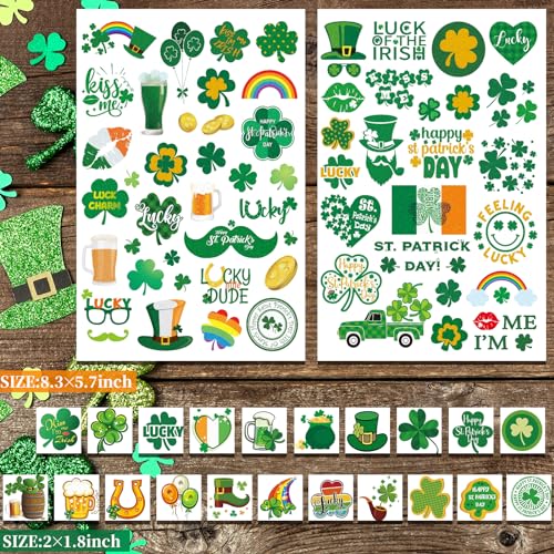 St Patricks Day Temporary Tattoos, 23 Sheets 100+ Pcs Glitter Shamrock