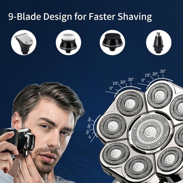 I-clean 9D Head Shavers for Bald Men,New Upgraded 6-in-1 Electric Razor with LED Display,Waterproof Wet/Dry Grooming Kit,Cordless Rechargeable Shaver for Home and Travel