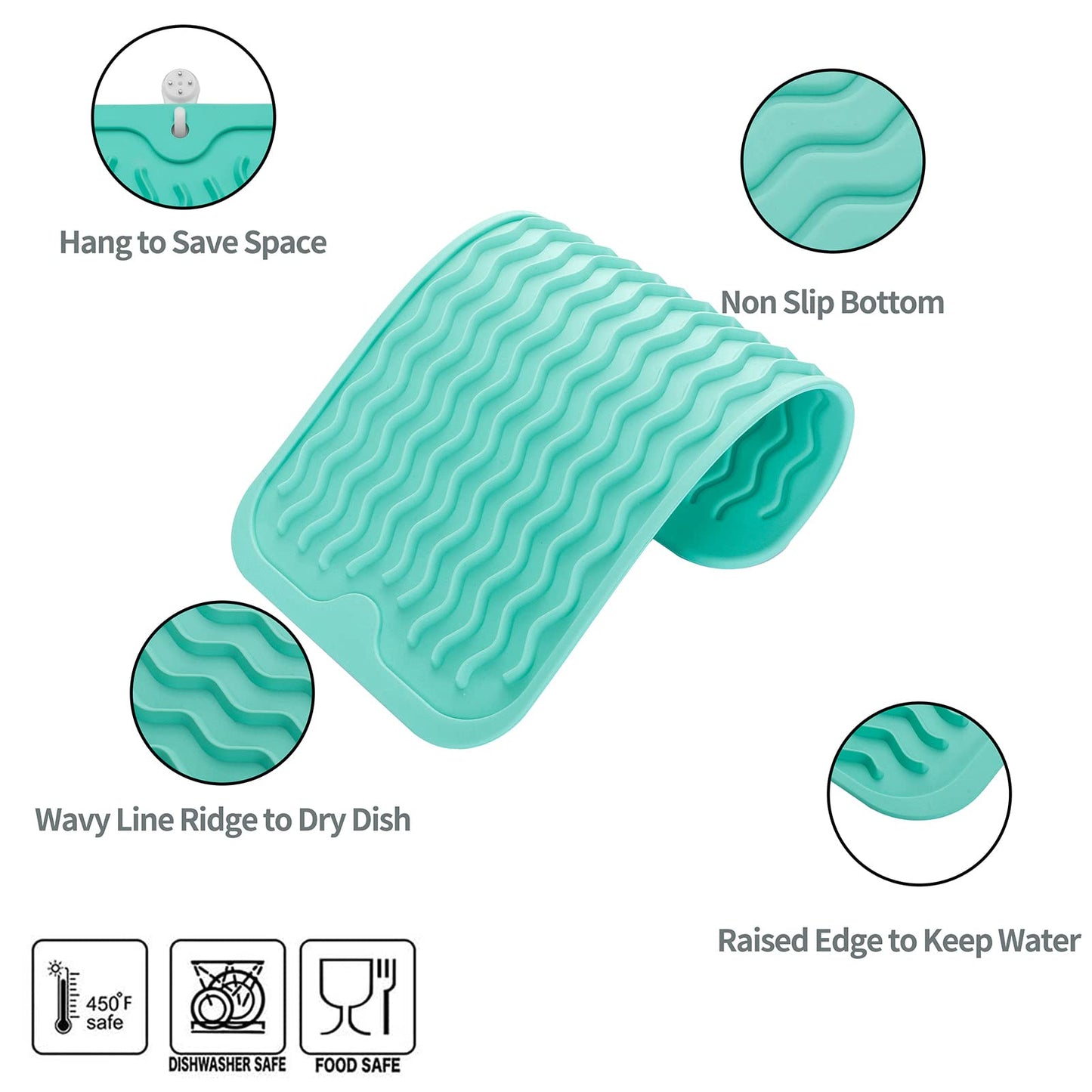 MicoYang Silicone Dish Drying Mat for Multiple Usage,Easy clean,Eco-friendly,Heat-resistant Silicone Mat for Kitchen Counter,Sink,Bar,Bottle,or Cup Mint S 12 inches x 6 inches