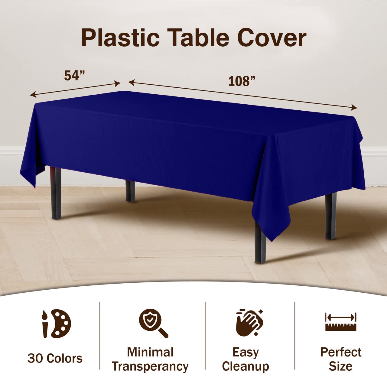 Exquisite 6-Pack Premium Plastic Tablecloth 54in. x 108in. Rectangle Plastic Table Cover - Navy