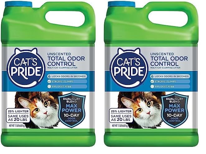 Cat's Pride Max Power: Total Odor Control - Up to 10 Days of Powerful Odor Control - Strong Clumping - Hypoallergenic - 99% Dust Free - Multi-Cat Litter, Unscented, 15 Pounds (Pack of 2)