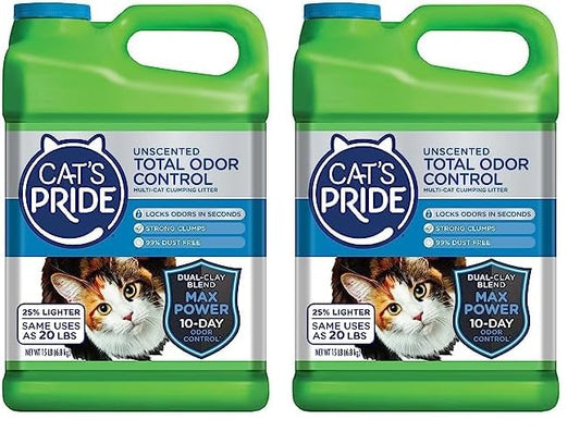 Cat's Pride Max Power: Total Odor Control - Up to 10 Days of Powerful Odor Control - Strong Clumping - Hypoallergenic - 99% Dust Free - Multi-Cat Litter, Unscented, 15 Pounds (Pack of 2)