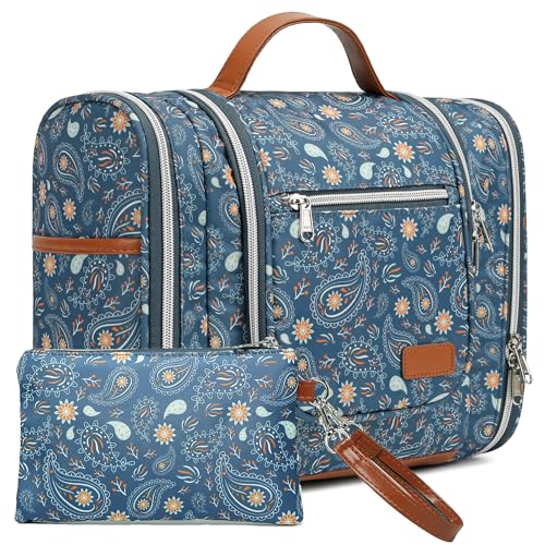 Hanging Toiletry Bag for Women, Travel Makeup with Metal Swivel Hook, Organizer for Full Sized Cosmetics and Toiletries,Water-Resistant Nylon,Paisley Floral
