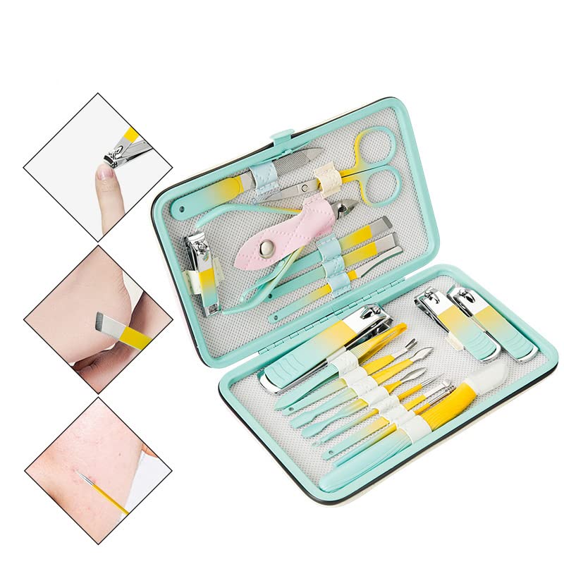 HOYUJI nail set manicure pliers set nail tool kit fashion beauty tools professional care tools home nail clipper set the best gift for men and women friends (dazzling color lime 18 pieces)