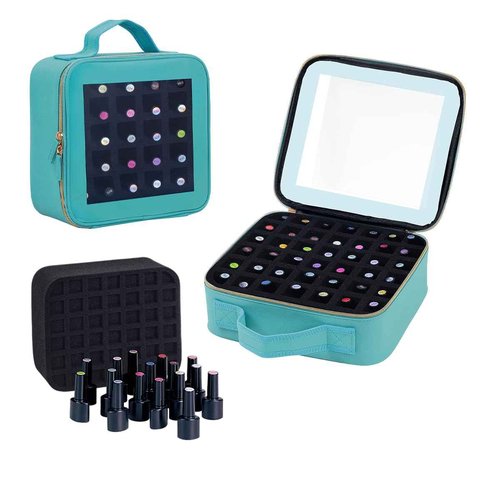 YAHOURWAT Small Clear Nail Polish Organizer Storage Box Hold 42 Bottles (15 ml/0.51 floz) PU Leather Portable Cosmetic Bag with Removable Partition(Blue)