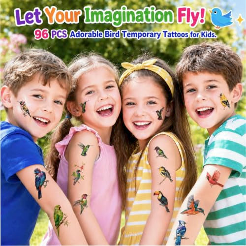 96 Rainforest Bird Temporary Tattoos for Kids