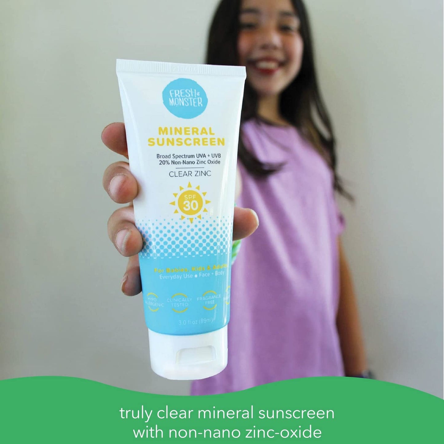 Fresh Monster Daily Kids Sunscreen, SPF 30 UVA/UVB, Clear Non-Nano Zinc Oxide Mineral Sunscreen, Face & Body Sunscreen, Reef Safe, Hypoallergenic Sunscreen for Kids