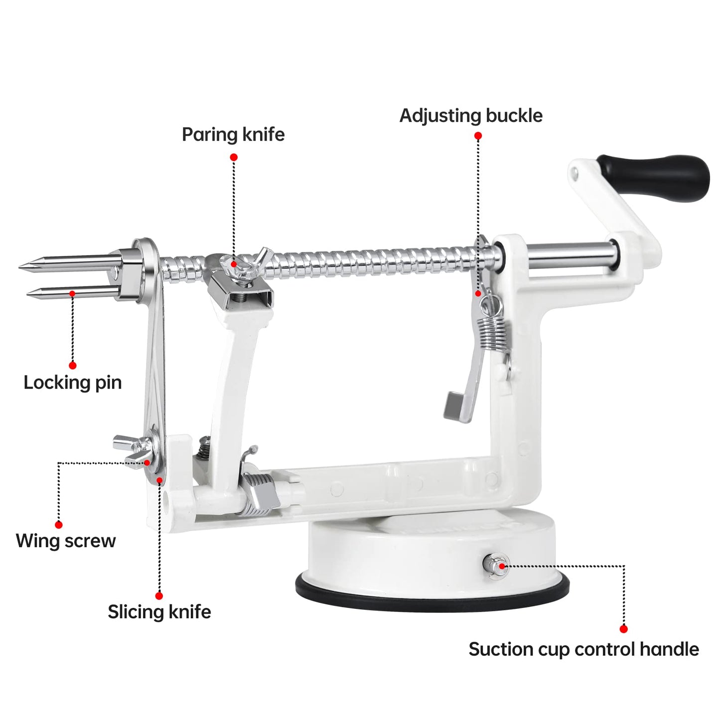 Apple Peeler Corer, Long lasting Chrome Cast Magnesium Alloy Apple Peeler Slicer Corer with Stainless Steel Blades and Powerful Suction Base for Apples and Potato(White)