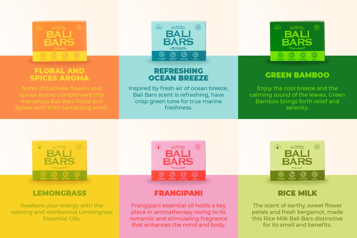 Bali Bars Natural Soap Bar For Men and Women Dry Sensitive Skin - Vegan Handmade Artisan All Natural Soap For Face, Hand And Body, Variety Scents of 6pcs (4.5oz Each Bars) Cold Process, Gift Set