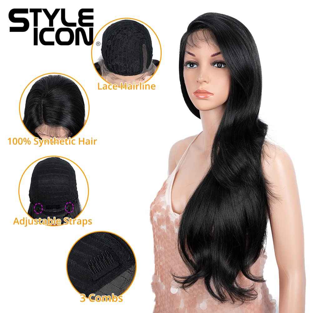 Style Icon 28" Lace Front Wigs Long Straight Synthetic Black Wig (Side Part Lace Wig, 1B)