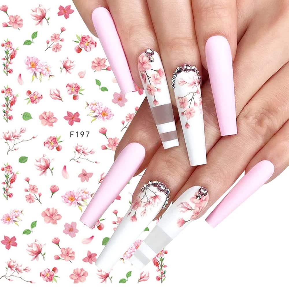 Flowers Nail Stickers, Spring Nail Decals 3D Self-Adhesive Cherry Blossom Floral Pink Spring Nail Design Manicure DIY Nail Art Decoration for Women Girls (8Sheets)