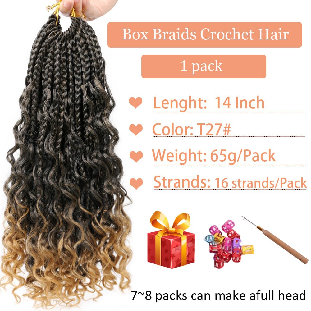 14 Inch Goddess Box Braids Crochet Hair 1 Pack Bohemian Crochet Hair Boho Box Braids with Curly Ends 3X Crochet Braids Synthetic Braiding Hair for Black Women (14 Inch(pack of 1), T27#)