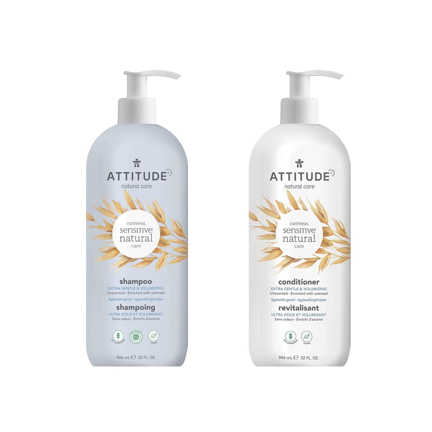 Bundle of ATTITUDE Extra Gentle and Volumizing Shampoo and Conditioner for Sensitive Skin Enriched with Oat, EWG Verified, Hypoallergenic, Vegan and Cruelty-free, Unscented, 32 Fl Oz
