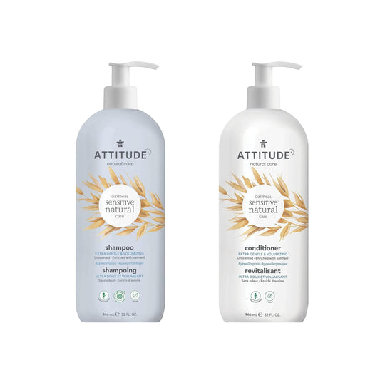 Bundle of ATTITUDE Extra Gentle and Volumizing Shampoo and Conditioner for Sensitive Skin Enriched with Oat, EWG Verified, Hypoallergenic, Vegan and Cruelty-free, Unscented, 32 Fl Oz