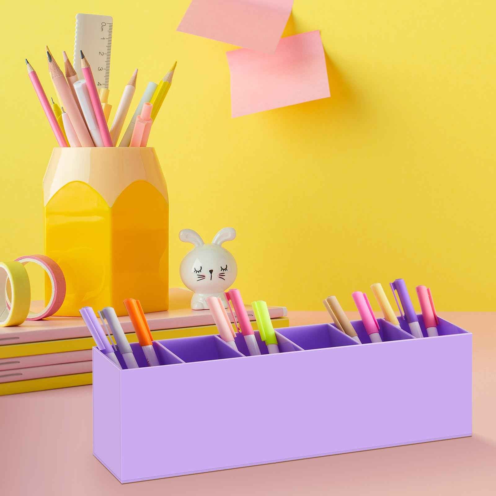 Jetec Acrylic Pen Holder 6 Compartments Makeup Brush Stationery Organizer Pencil Holder for Desk Accessories, Cosmetic Brushes, Dorm, Home, Bathroom, Kitchen, Office Supplies(Purple)