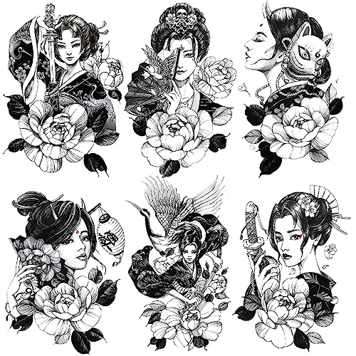 6 Sheets Waterproof Arm Temporary Tattoo Stickers Black Japanese Geisha Women Lady Samurai Fan Sword Crane Flower Fox Keaton Mask