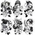 6 Sheets Waterproof Arm Temporary Tattoo Stickers Black Japanese Geisha Women Lady Samurai Fan Sword Crane Flower Fox Keaton Mask