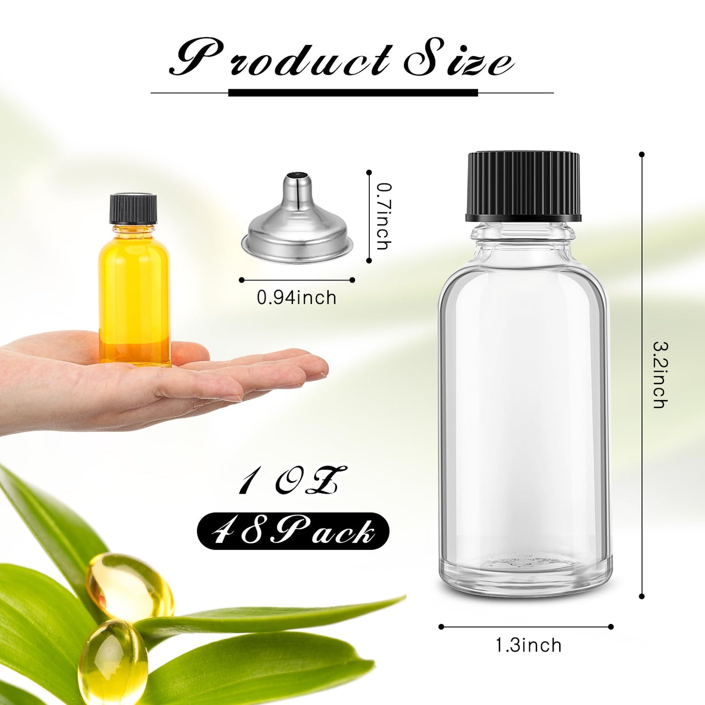 Hsei 48 Pcs 1 oz Glass Bottle with Black Cap Clear Sample Boston Round Bottle Small Glass Containers with Lids 1 Ounce Bottles with Funnel Chalk Labels Pen for Vanilla Extract Essential Oils