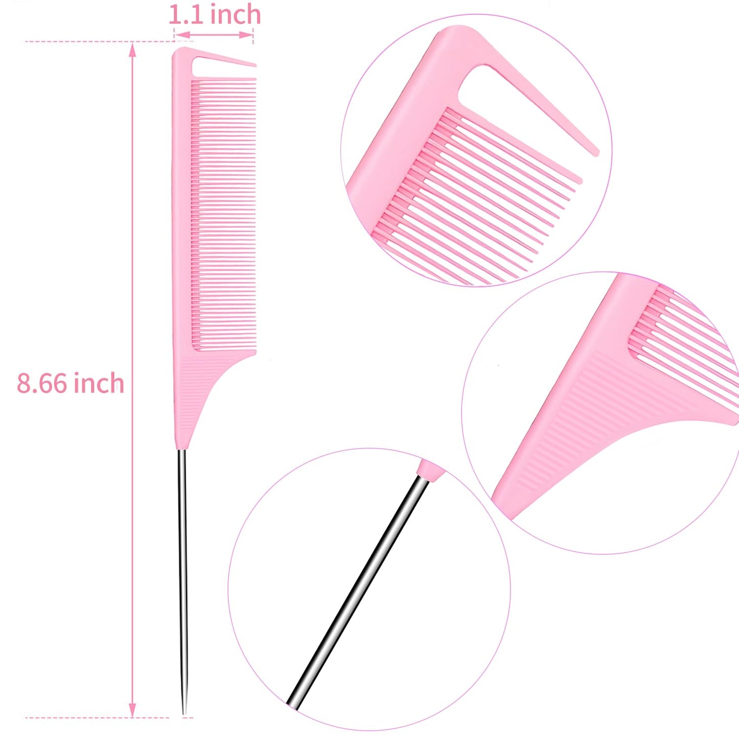 Rat Tail Combs 3PCS, Parting Combs for Braiding Hair Carbon fiber heat-resistant anti-static, for Sectioning, Parting, Styling Hair (Pink)