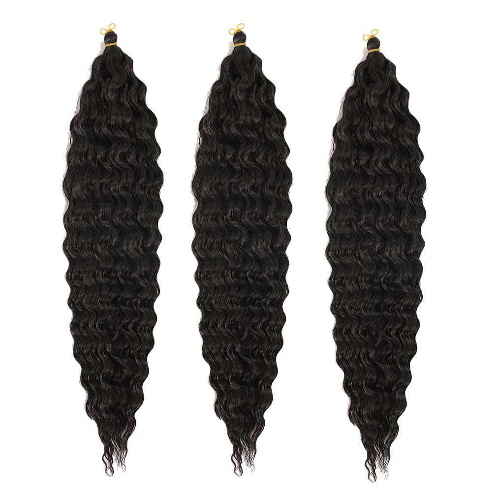 BALINGHAIR Ocean Wave Crochet Hair 30 Inch Deep Wave Braiding Hair Black Long Curly Crochet Braids Hair Extensions(1B-3Pcs)