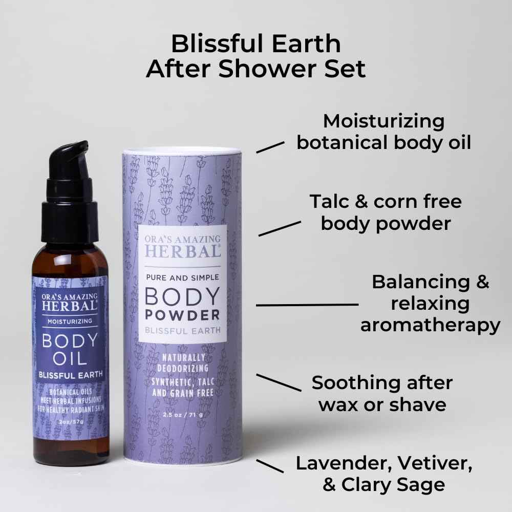 Ora's Amazing Herbal Talc Free Powder and Body Oil, Lavender Bath Set, After Shower Set, Blissful Earth Scent With Lavender Vetiver and Clary Sage, Intertrigo, Natural Skin Care
