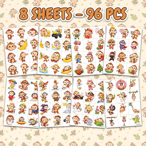 96 Monkey Temporary Tattoos for Kids - Jungle Party Favors