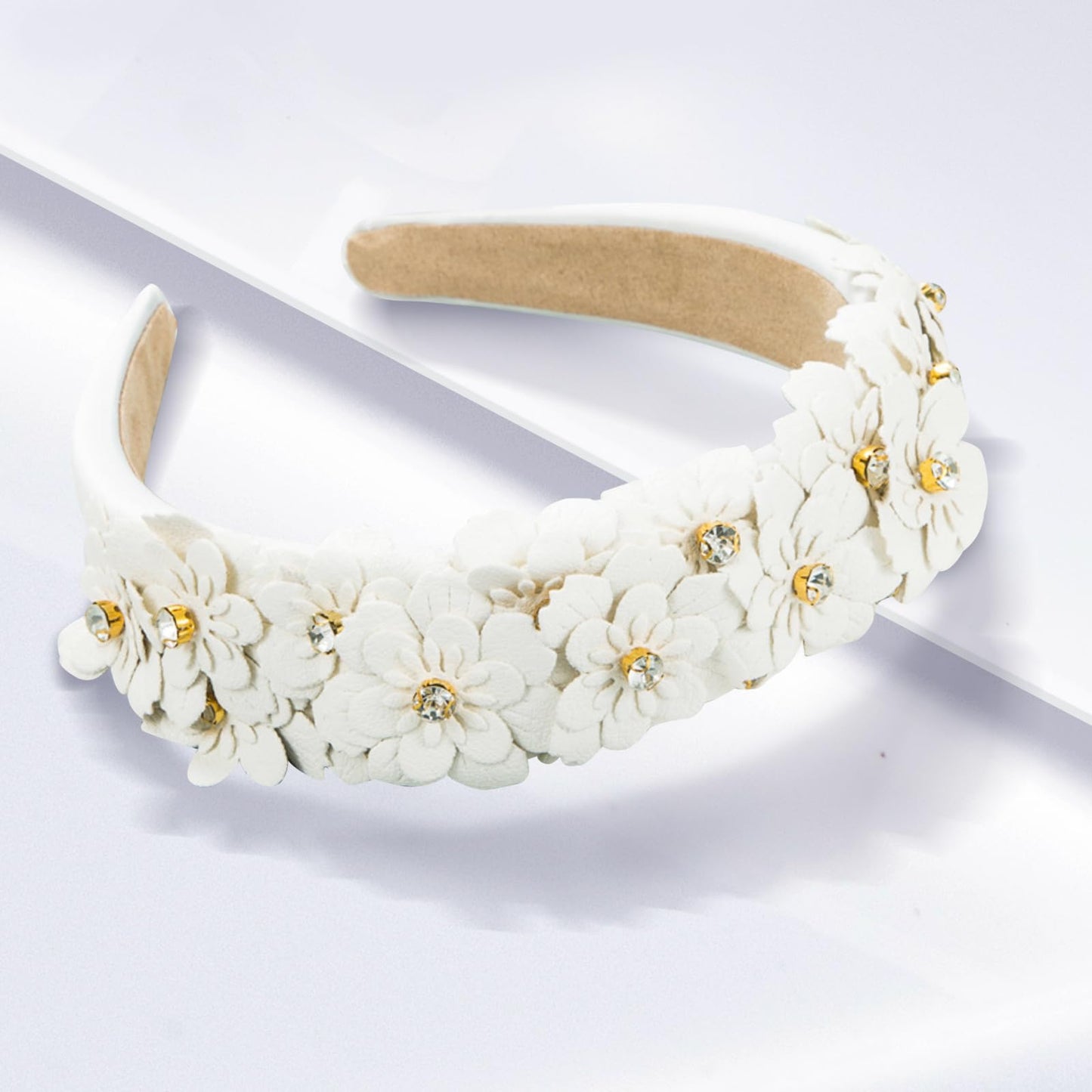 YFKEJI Flower Headband for Women Glass Diamonds Headbands for Thick Hair Bejewelled Hairband Glitter Hair Hoops Hair Accessories for Girls Fashion, White(A#)