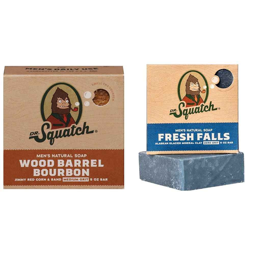 Dr. Squatch Men's Soap 5 Oz Wood Barrel Bourbon Medium Grit Bar & Fresh Falls Zero Grit Bar 2-Pack