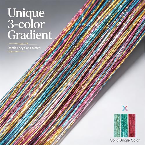 15 Tinsel Hair Extensions with Pliers Kit - Gradient Rainbow Pink Blue 47 Inch