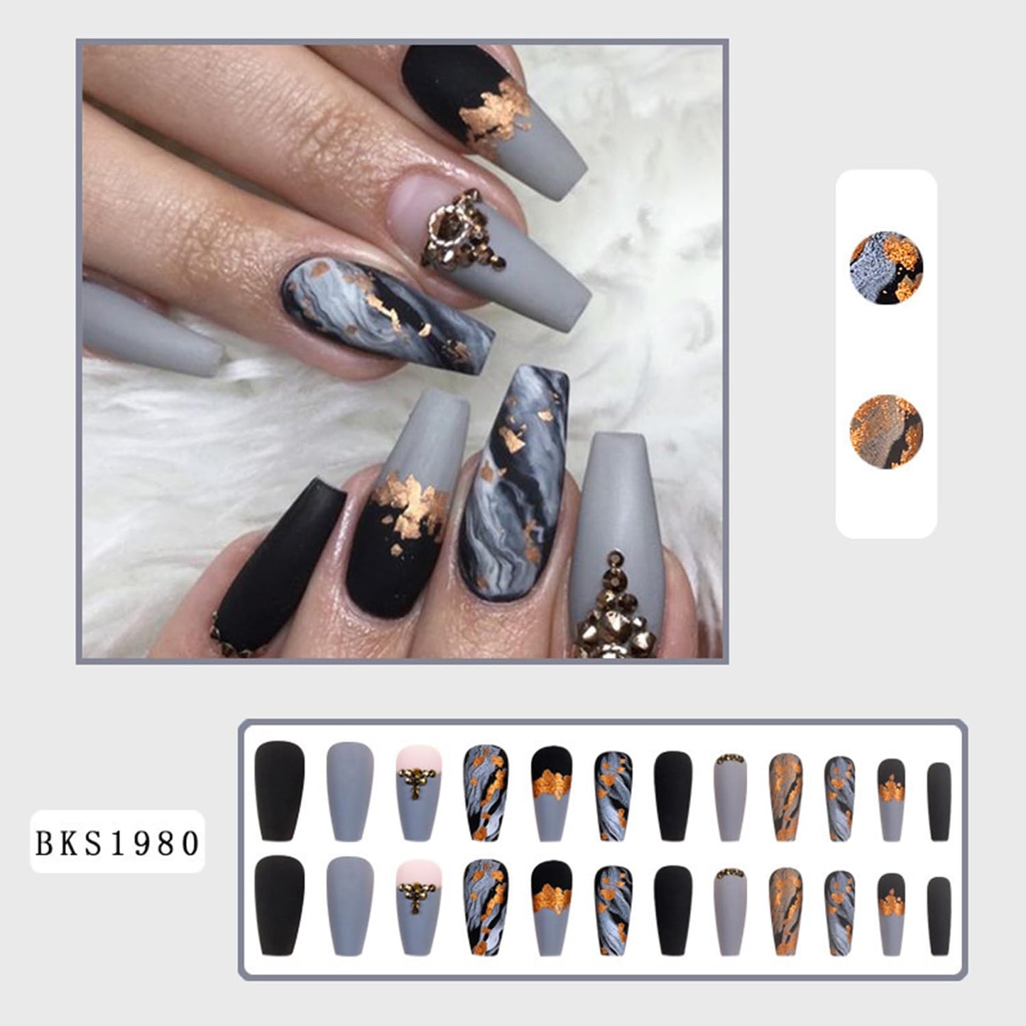 Gold Foil Rhinestones Press on Nails Long Coffin Nails Gray Marble Fake Nails Reusable Artificial False Nails Full Cover Stick on Nails with Glue on Nails for Women DIY Charm Manicure