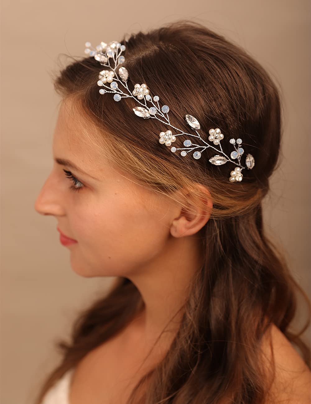 YERTTER Bridal Flower Pearl Headband Wedding Crystal Floral Headband Beads Opal Hair Band Crystal Vine Rhinestone Headband Wedding Head Pieces for Bride Bridesmaid Flower Girl Wedding Prom Birthday