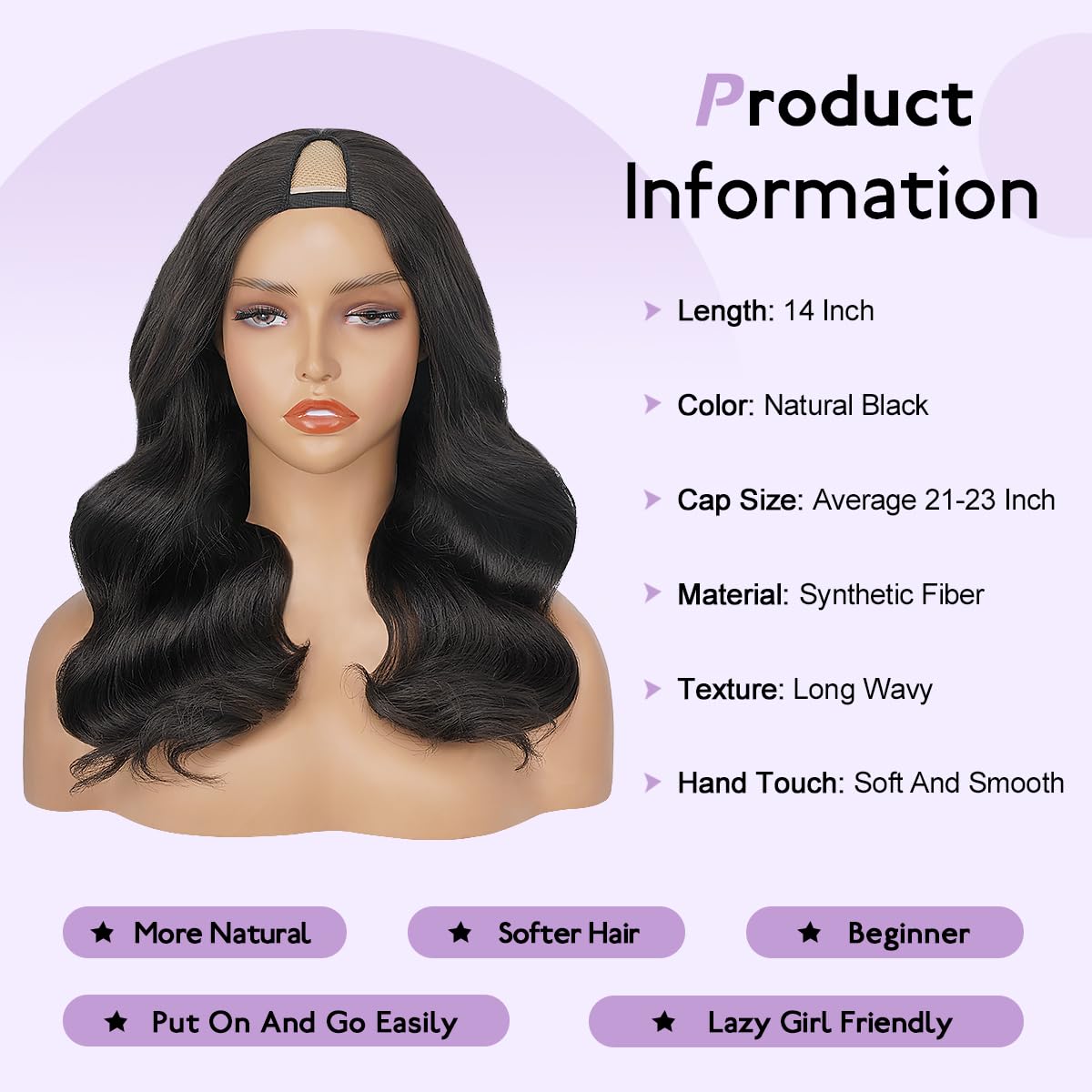 Emistar Wavy V Part Wig Wear And Go Glueless U Part Wig Body Wave Natural Black Synthtic Hair Soft As Human Hair Half Wigs For Black Women (Black, 14 Inch)