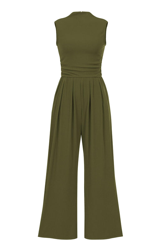 PRETTYGARDEN Womens Summer Jumpsuits Dressy Casual One Piece Outfits Sleeveless Mock Neck Wide Leg Pants Rompers with Pockets (Army Green,Small)