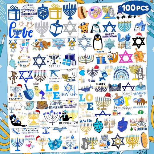 Cute Hanukkah Temporary Tattoos 10 Sheets 100 PCS Kwanzaa Party Decorations Favors Supplies Hanukkah Theme Birthday Stickers Halloween Gifts for Boys Girls Kids Class School Prizes Carnival Christmas