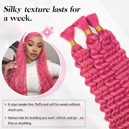 16 Inch Deep Wave Human Braiding Hair for Boho Braids – 50g 1 Bundles/Pack Pink 100% Unprocessed 12A Brazilian Virgin Human Hair Bulk, No Weft, Wet & Wavy Curly Extensions
