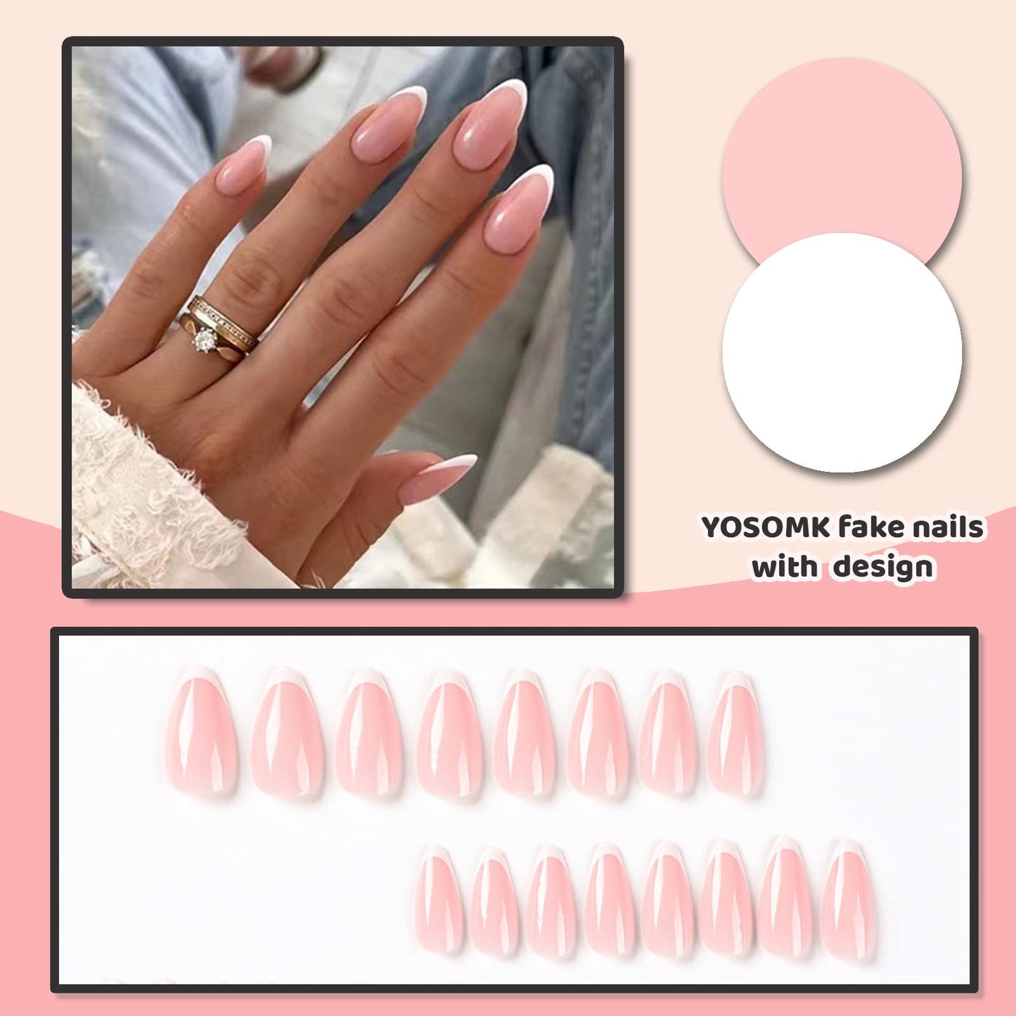 YOSOMK French Tip Press On Nails Medium Almond Fake Nails with Designs Nude Stick on Acrylic Nails Glossy Full Cover False Nails for Women