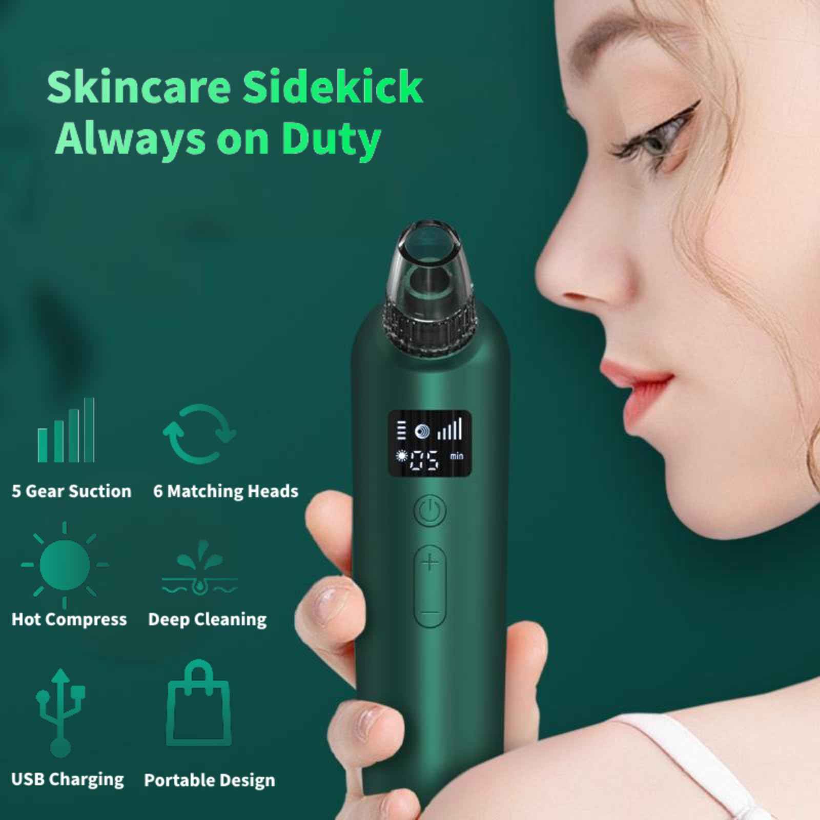 Blackhead Remover Pore Vacuum - 5 Suction Levels & 6 Attachments, Pore Vacuum with Heating (37-42°C), LCD Display, USB Rechargeable, Gift Ready