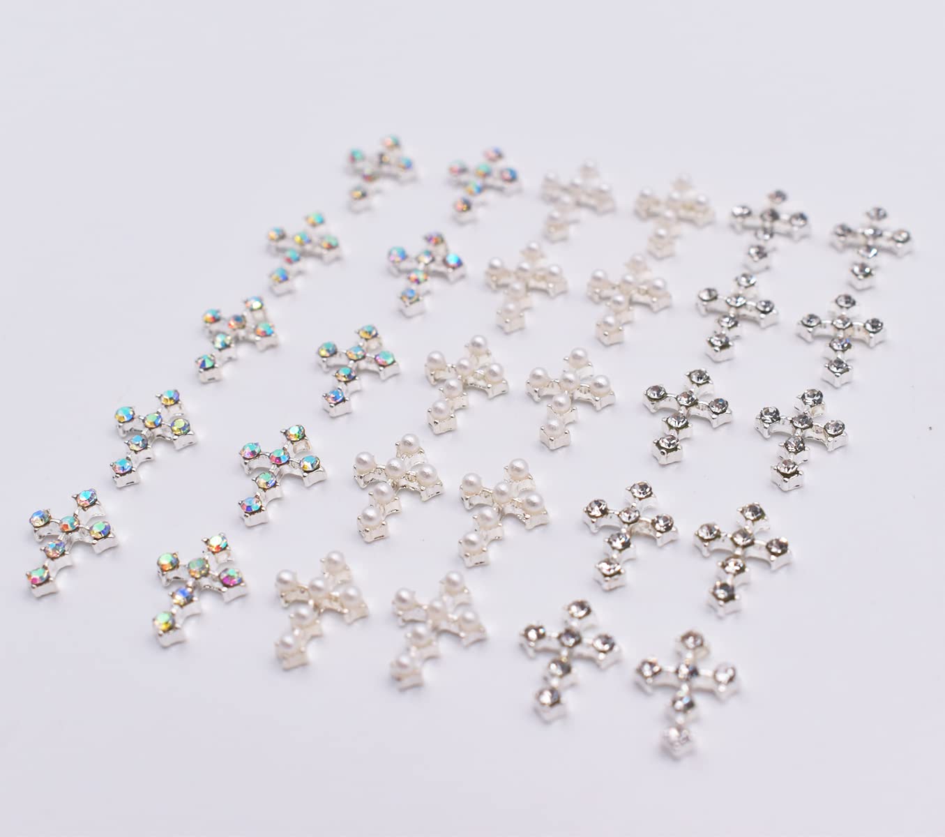 LIFOOST 30pcs Cross Nail Charms for Nail Art Accessory 3D Gold Cross Jewelrys Nail Studs with Flat Back Crystal Nail Art Rhinestones for Women Acrylic Nails Designs (Silver)