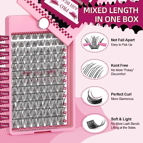 PRO Lash Clusters, 96Pcs Cluster Lashes Rotary Mirror Case Individual Lashes DIY Lash Extension Eyelash Clusters 10-16 Mix Fluffy Wispy Lashes Thin Band Not Fall Apart(Natural, D-10-16mix)