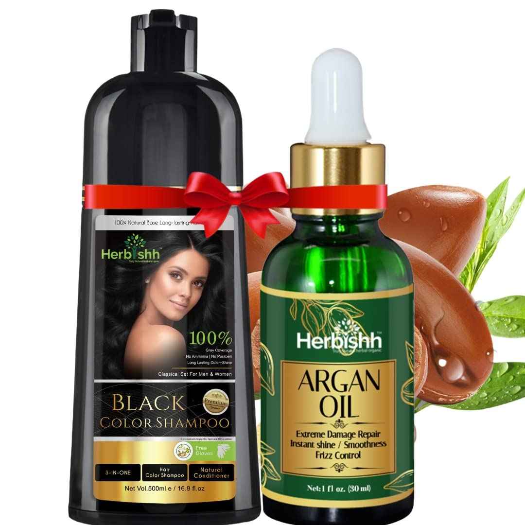 Herbishh Combo Hair Color Shampoo for Gray Hair (Black) 500ml + Argan Hair Oil 30ml