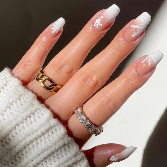 24PCS Christmas Snowflake Press on Nails Medium Length Coffin Fake Nails with Pink Gradient Design False Nails White French Tip Winter Full Cover Stick on Nails for Women Girls Nail Decorations