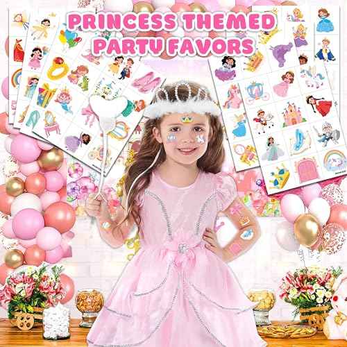 96 PCS Little Princess Pre-Cut Temporary Tattoos for Kids | Super Cute Princess Themed Birthday Party Favors, Supplies, Decorations, Castle Tattoo Stickers, School Rewards Prizes & Gifts Boys Girls