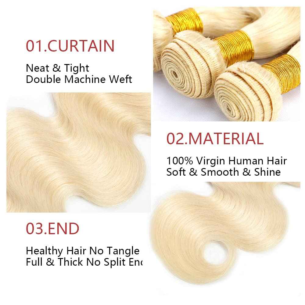 613 Body Wave Bundle Honey Blonde Human Hair 3 Bundles 100% Unprocessed Virgin Brazilian Double Weft Hair Extensions Blonde Color 8 10 12 Inch For Women