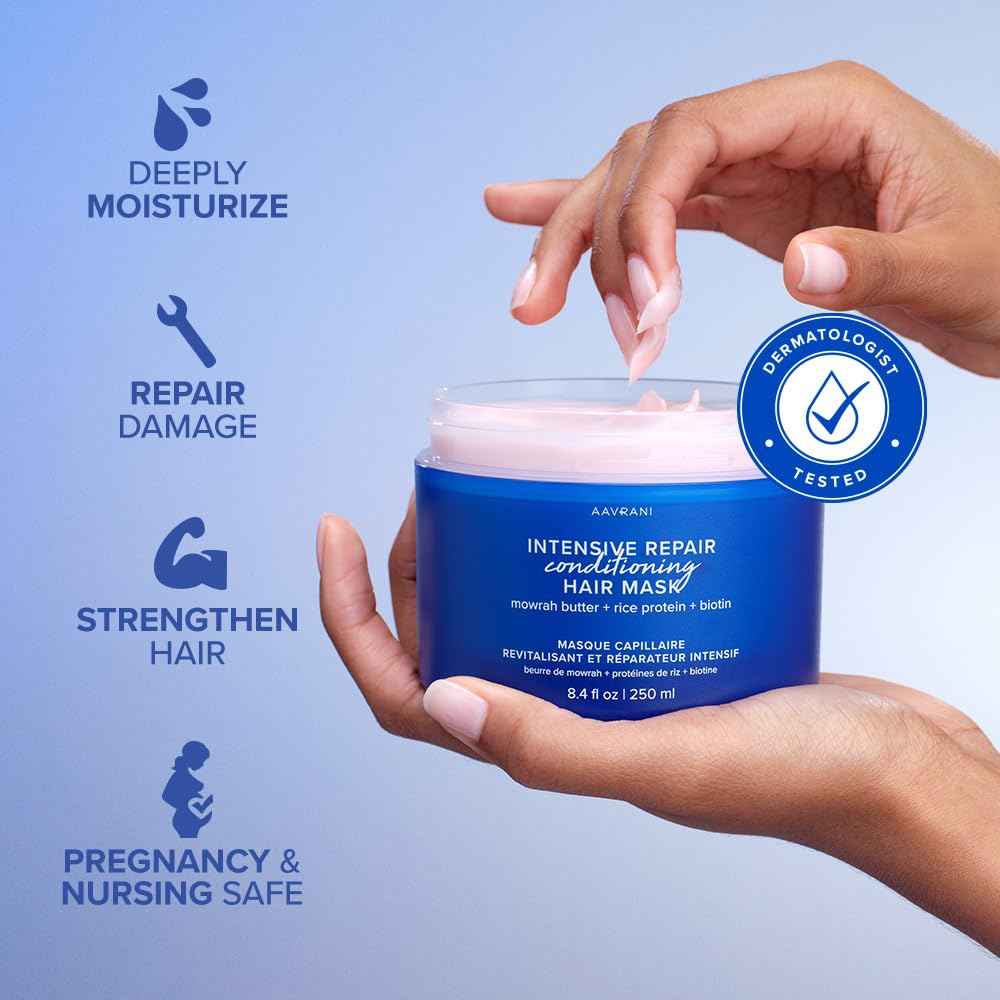 AAVRANI Intensive Repair Conditioning Hair Mask - Mask for Dry, Damaged Hair - with Biotin, Rice Protein, & Mowrah Butter to Repair - Vegan - 8.4 Oz