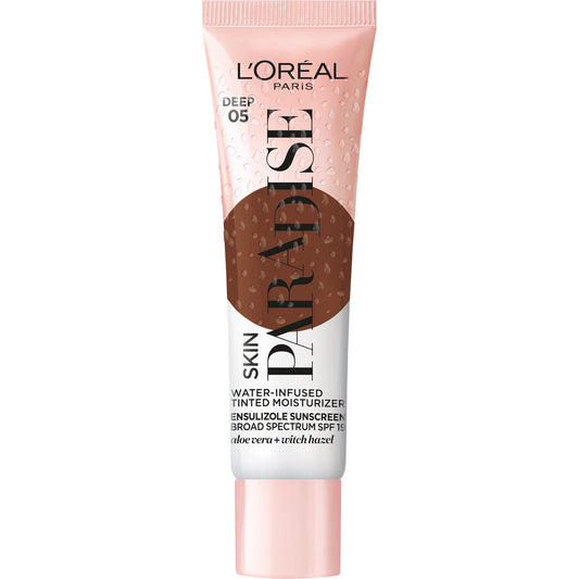 L'Oreal Paris Skin Paradise Water-infused Tinted Moisturizer with Broad Spectrum SPF 19 sunscreen lightweight, natural coverage up to 24h hydration for a fresh, glowing complexion, Deep 05, 1 fl oz