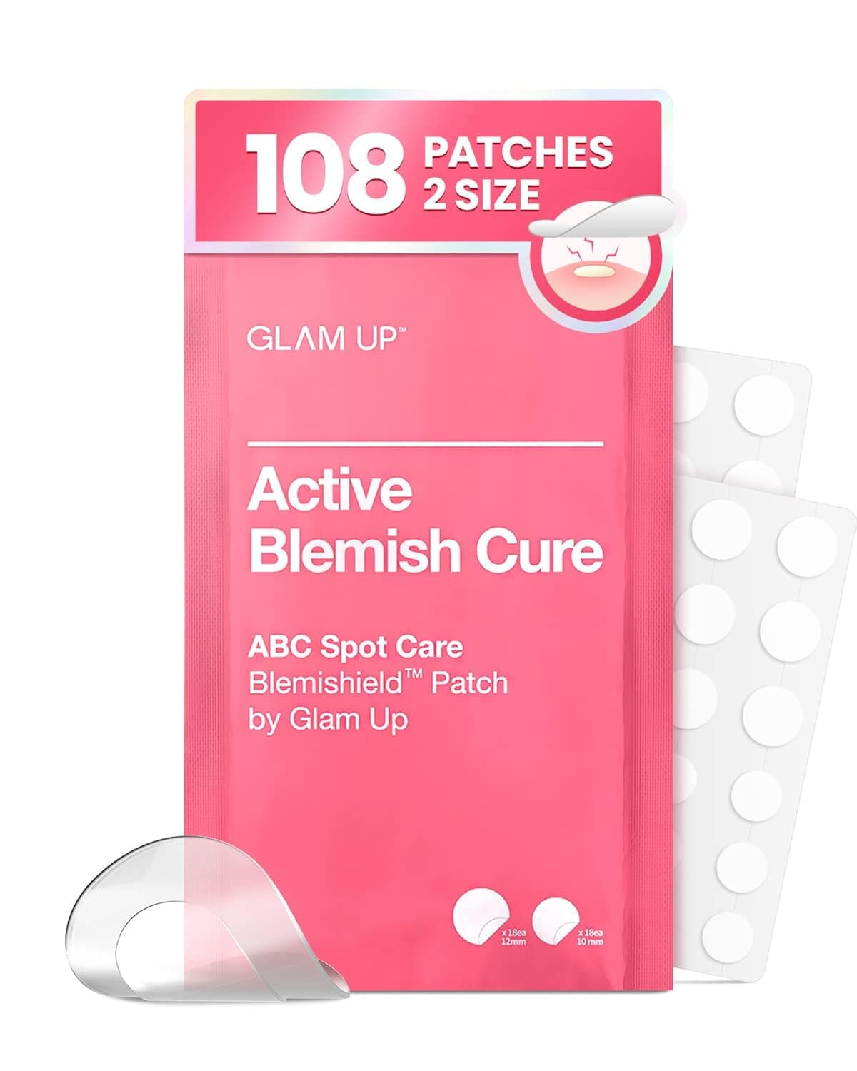 GLAM UP Performance Hydrocolloid Blemish Pimple Zit Patches - Ultra Thin Invisible Spot Cover Patches for Face and Skin, Strong Water-proof and Adhesive Overnight, Vegan-friendly (108 Count / 2Sizes)