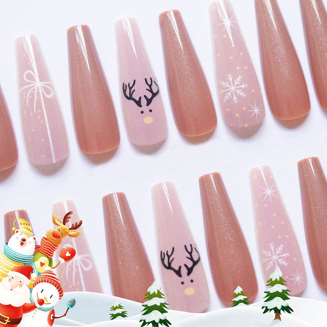 Uranian Coffin Extra Long Press on Nails Snowflake Red Christmas Fake Nails Elk Ballerina Glossy Full Cover False Nails Santa Claus Acrylic Nails Tips for Women and Girls 30 PCS (Pattern-F)