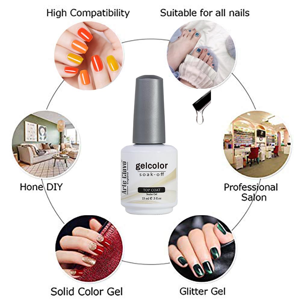 Arte Clavo Gel Polish 2Pcs 15ml No Wipe Top Coat High Gloss Shiny Long-Lasting Clear Gel Top Coat, Soak Off Nail Lamp Nail Gel, Home DIY Professional Manicure and Nail Salon T2