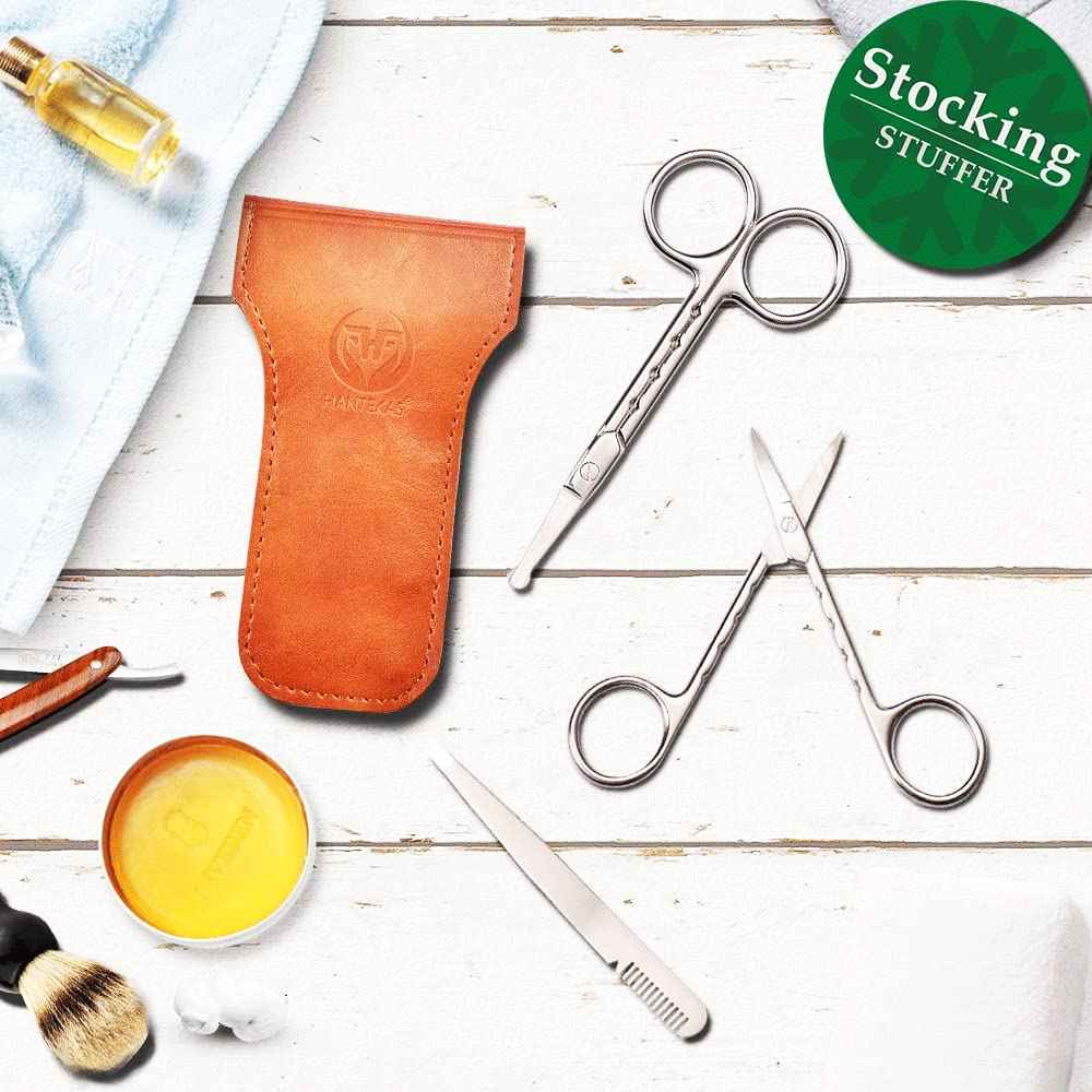 HANTEKAS Professional Stainless Steel Curved Rounded Facial Hair Scissors Tweezers Set For Men Moustache, Nose Hair, Beard Trimming Scissors,Safety Use for Eyebrows,Eyelashes,Ear Hair - PU Leather Bag